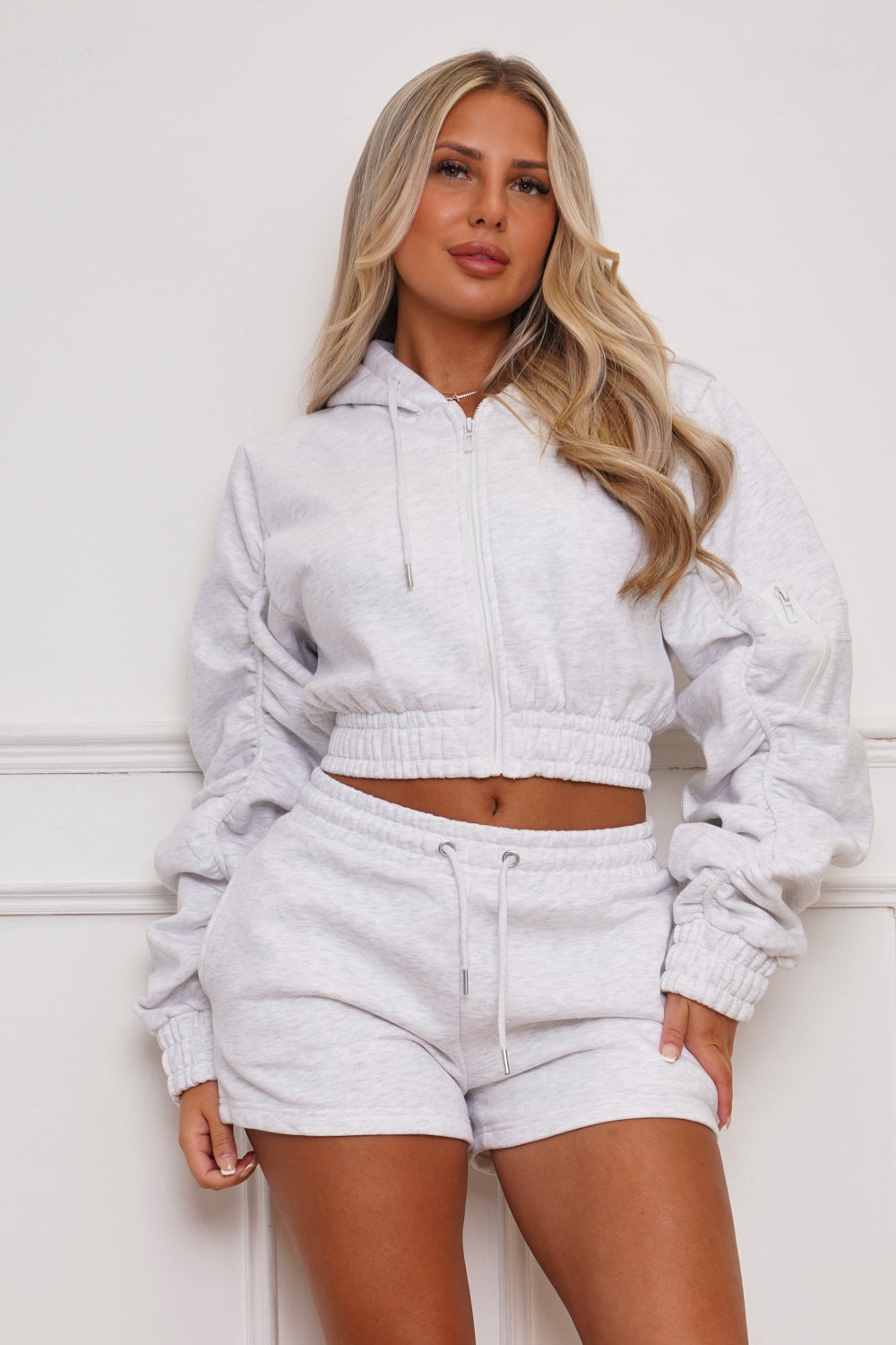 Cropped Zip Up Ruched Sleeve Hoodie & Shorts Fleece Co-ord Grey