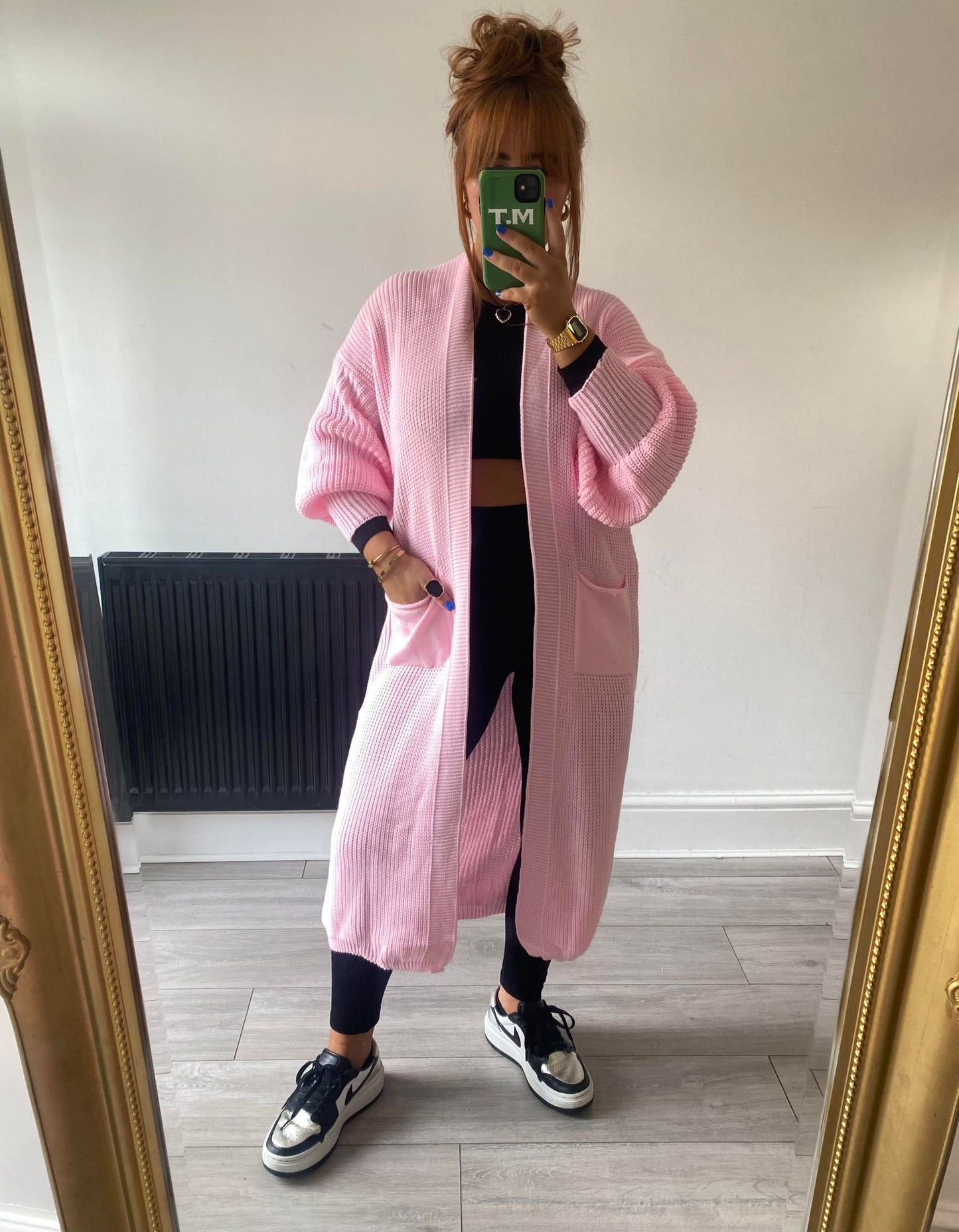 Balloon Sleeve Longline Cardigan Pink