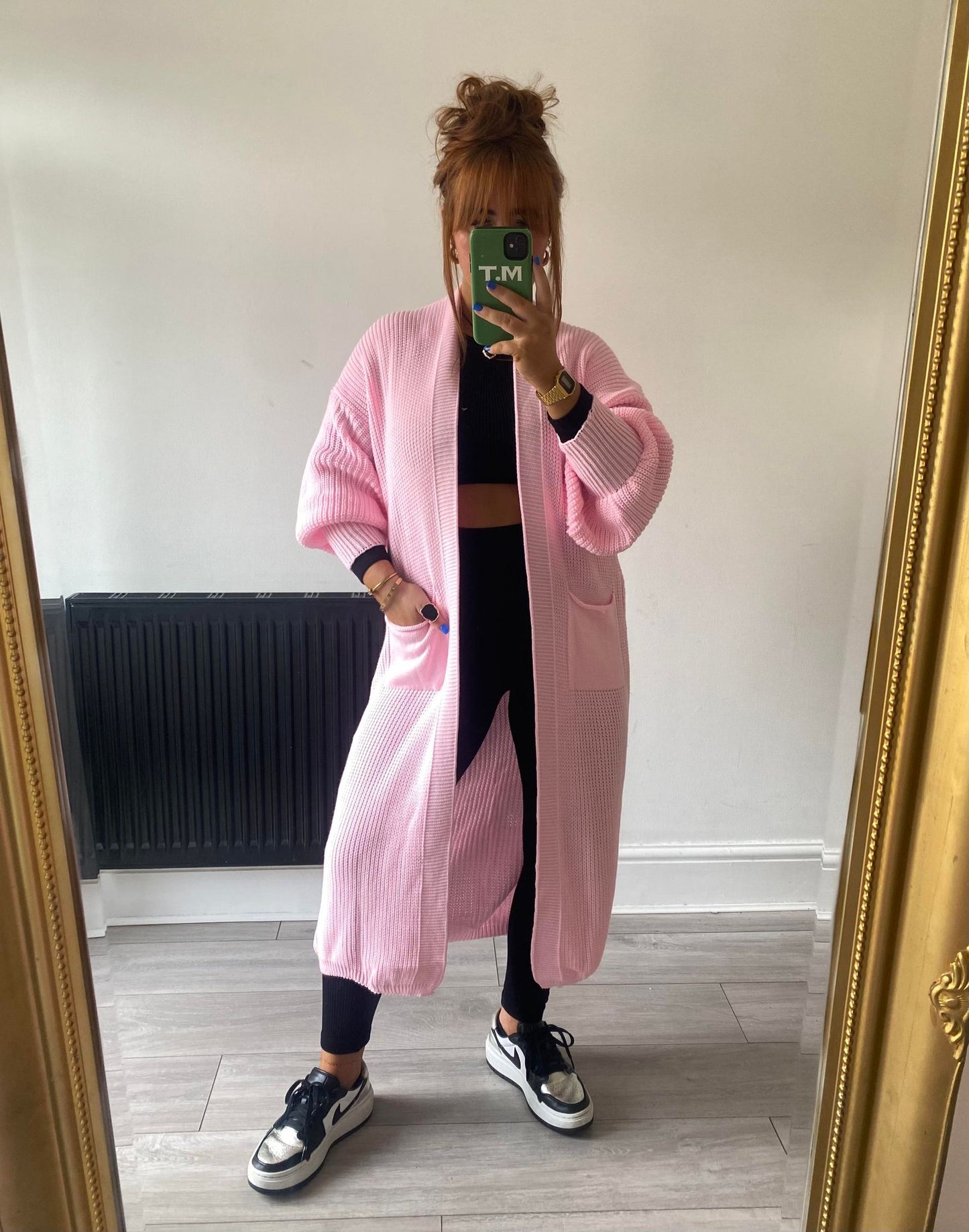 Balloon Sleeve Longline Cardigan Pink