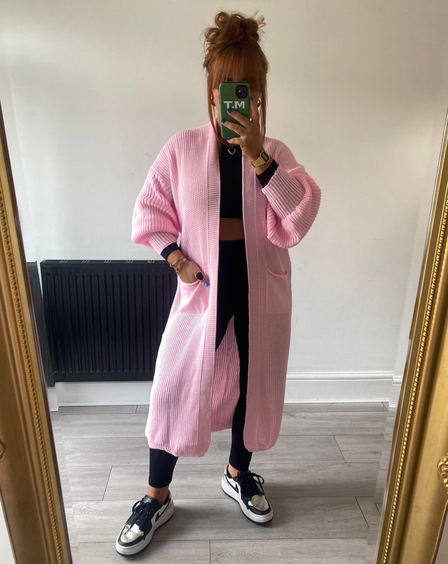Balloon Sleeve Longline Cardigan Pink
