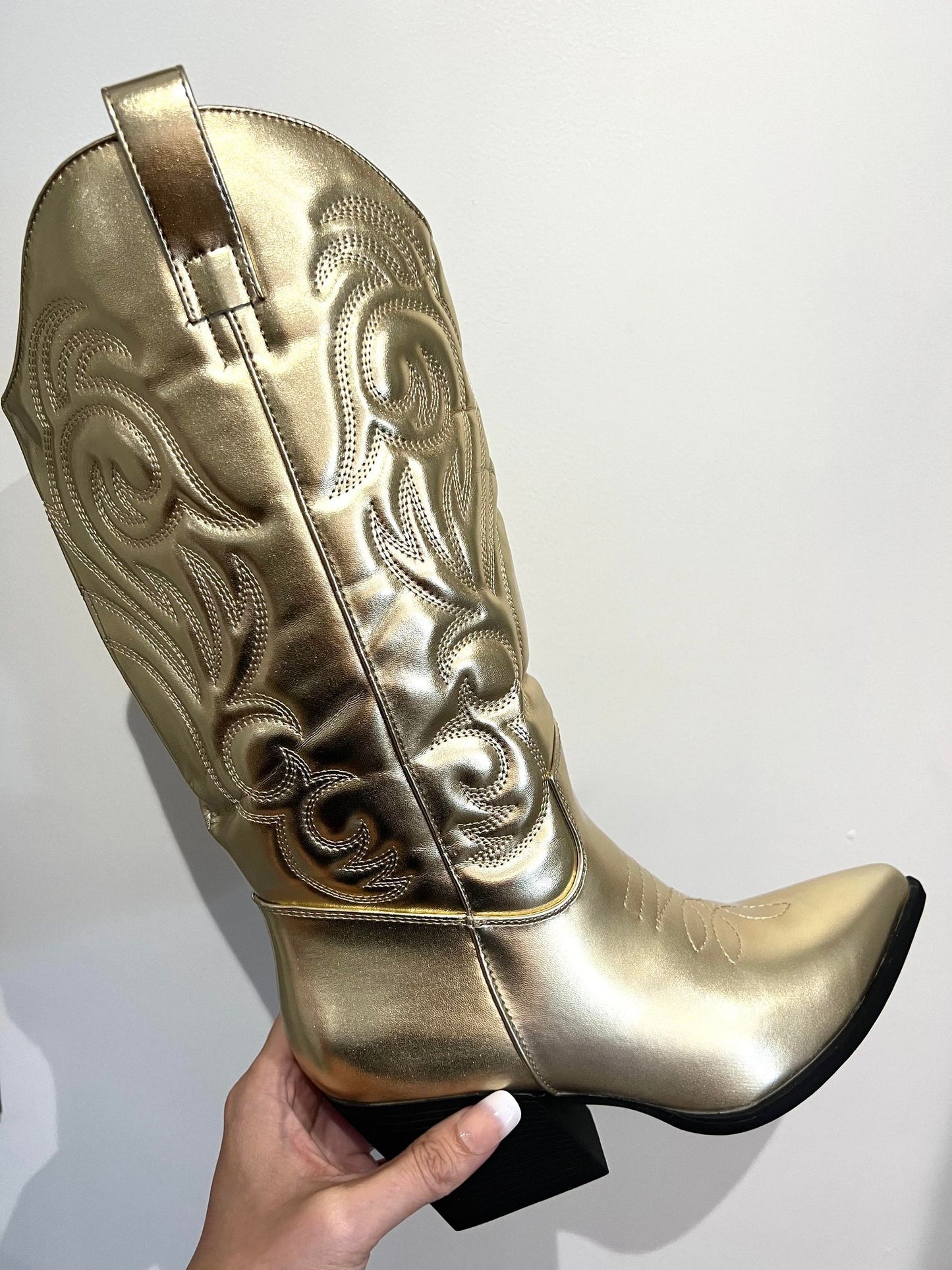 Metallic Heeled Midi Cowboy Boot Gold