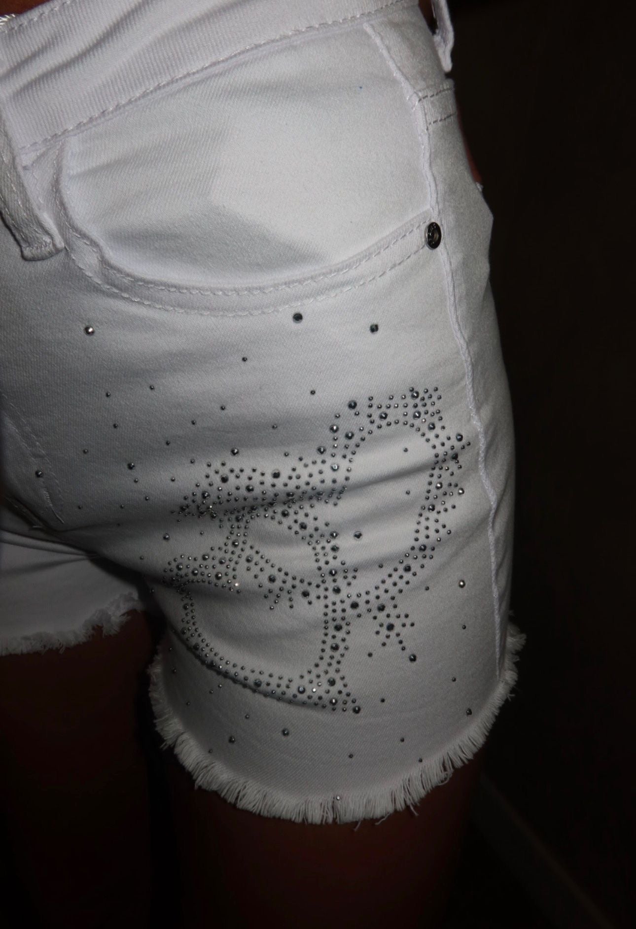 Denim Shorts With Diamante Rhinestones White