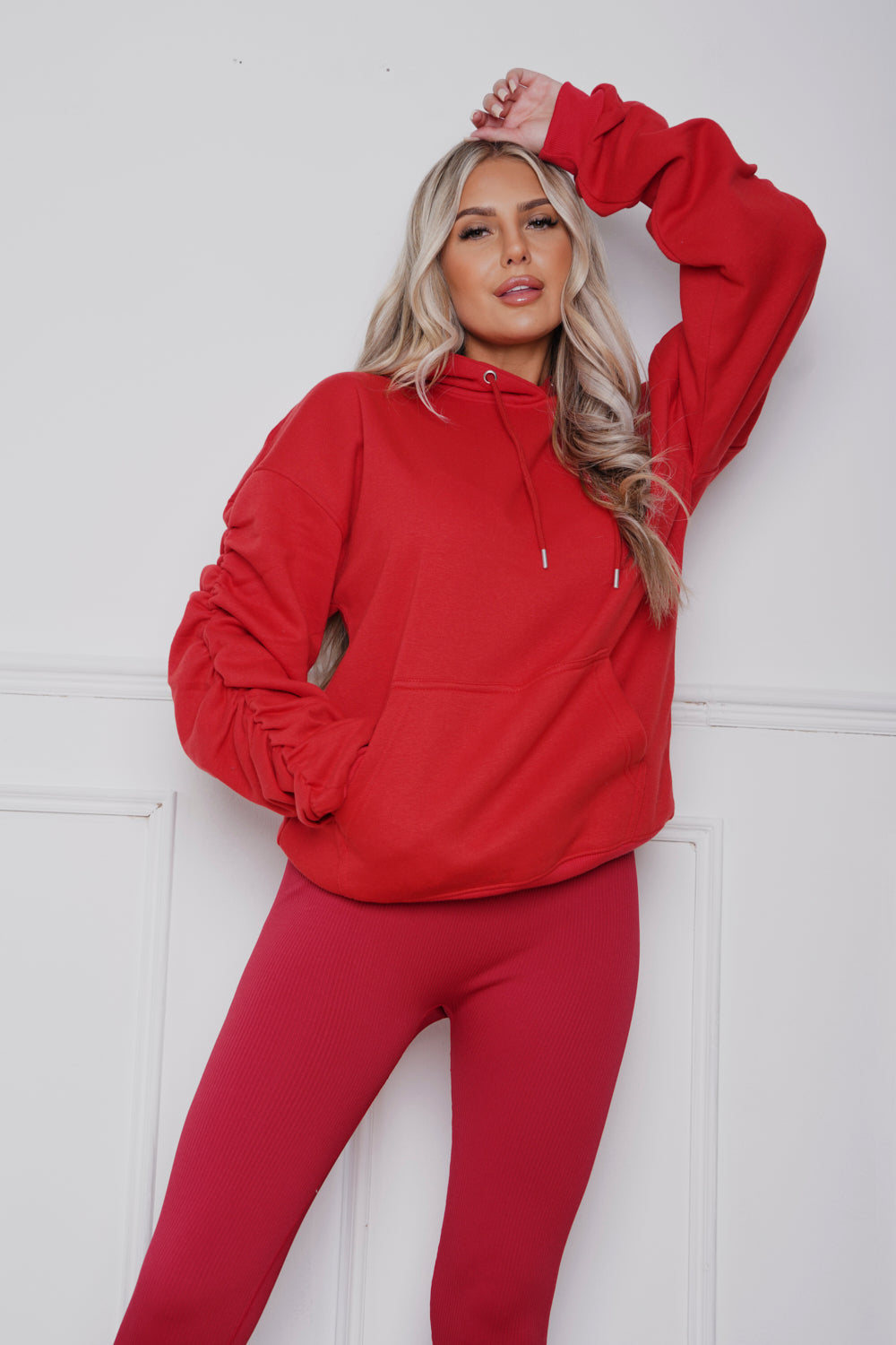 Oversized Ruched hoody & Legging Set Red