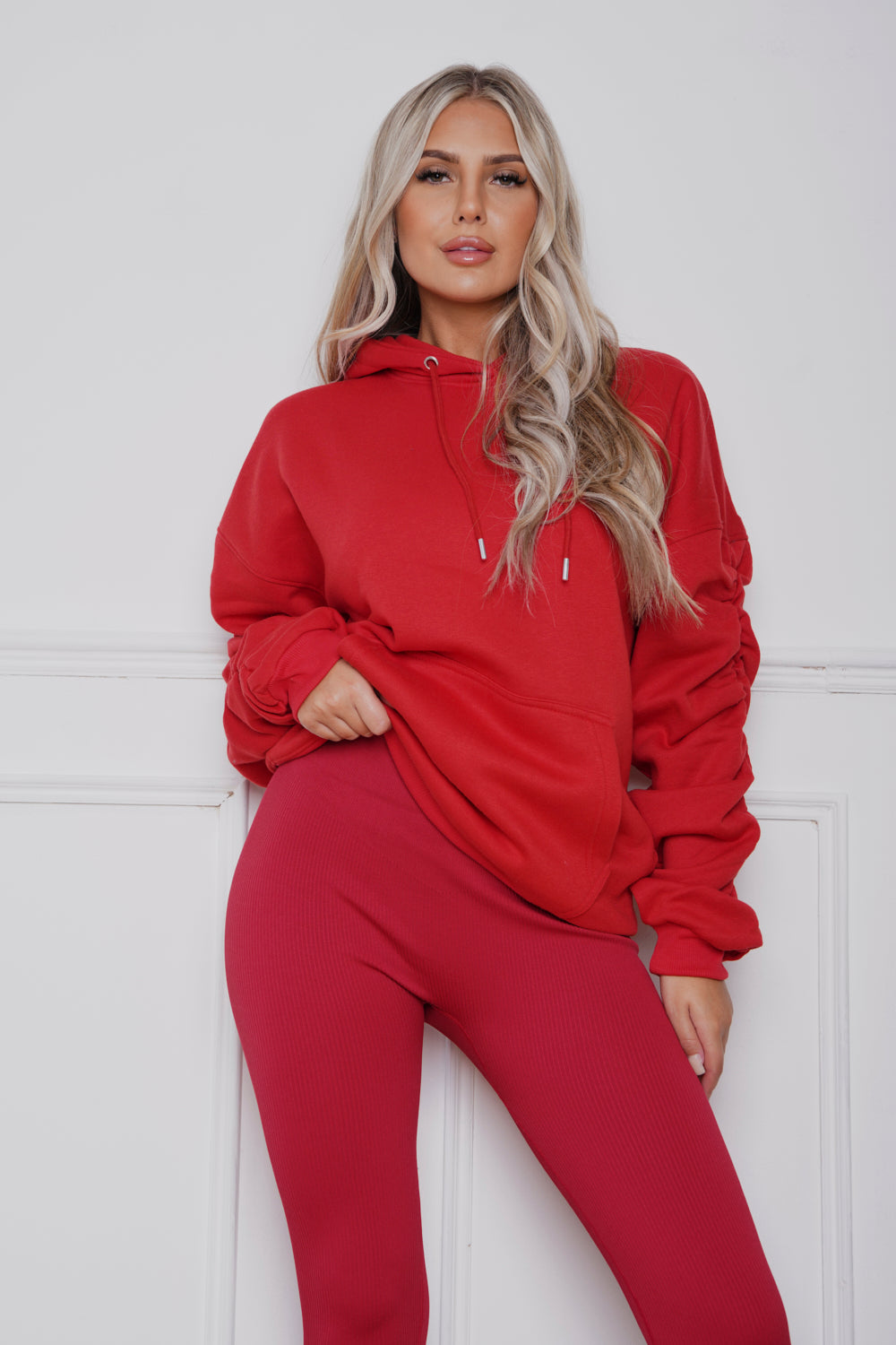 Oversized Ruched hoody & Legging Set Red