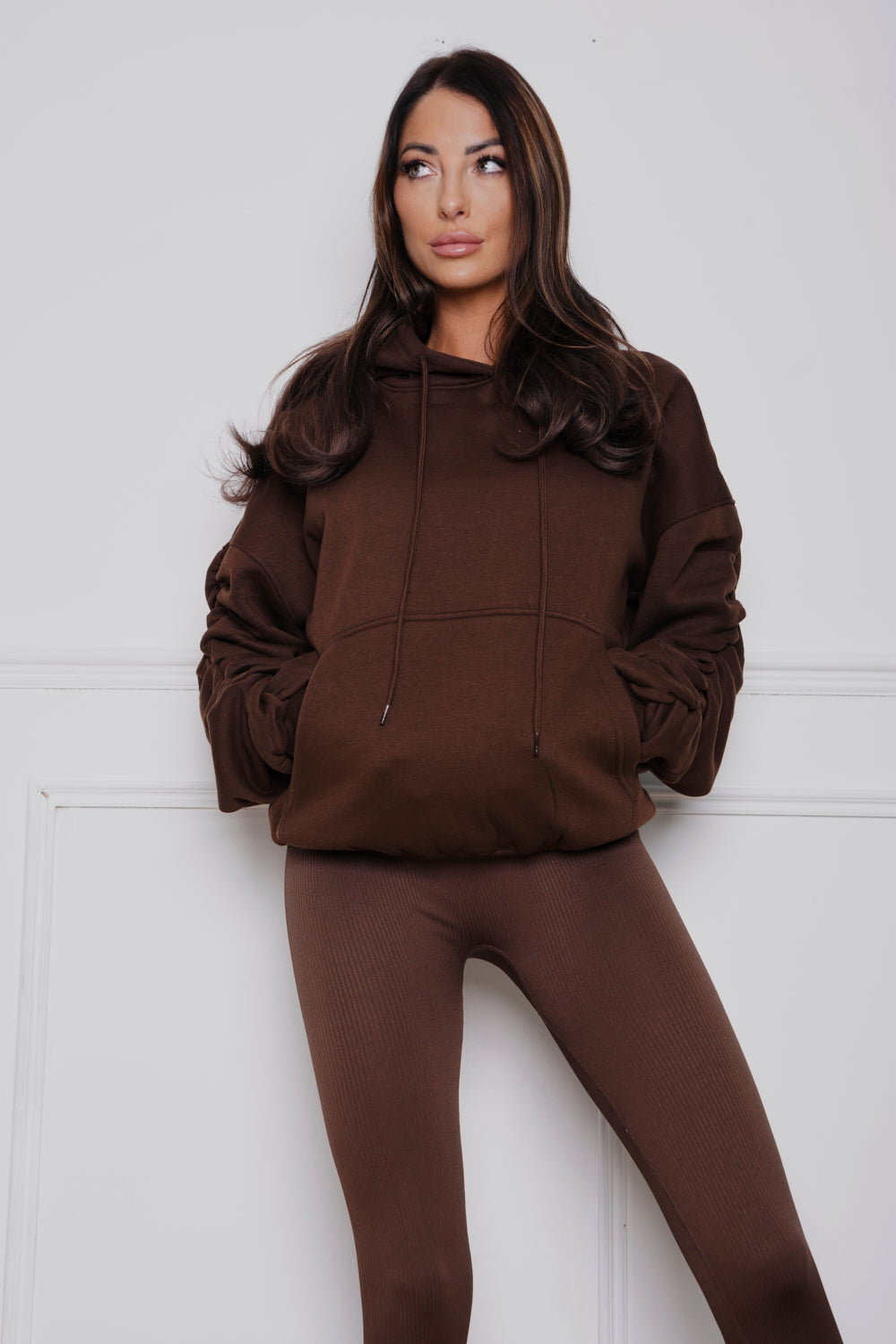 Oversized Ruched hoody & Legging Set Brown