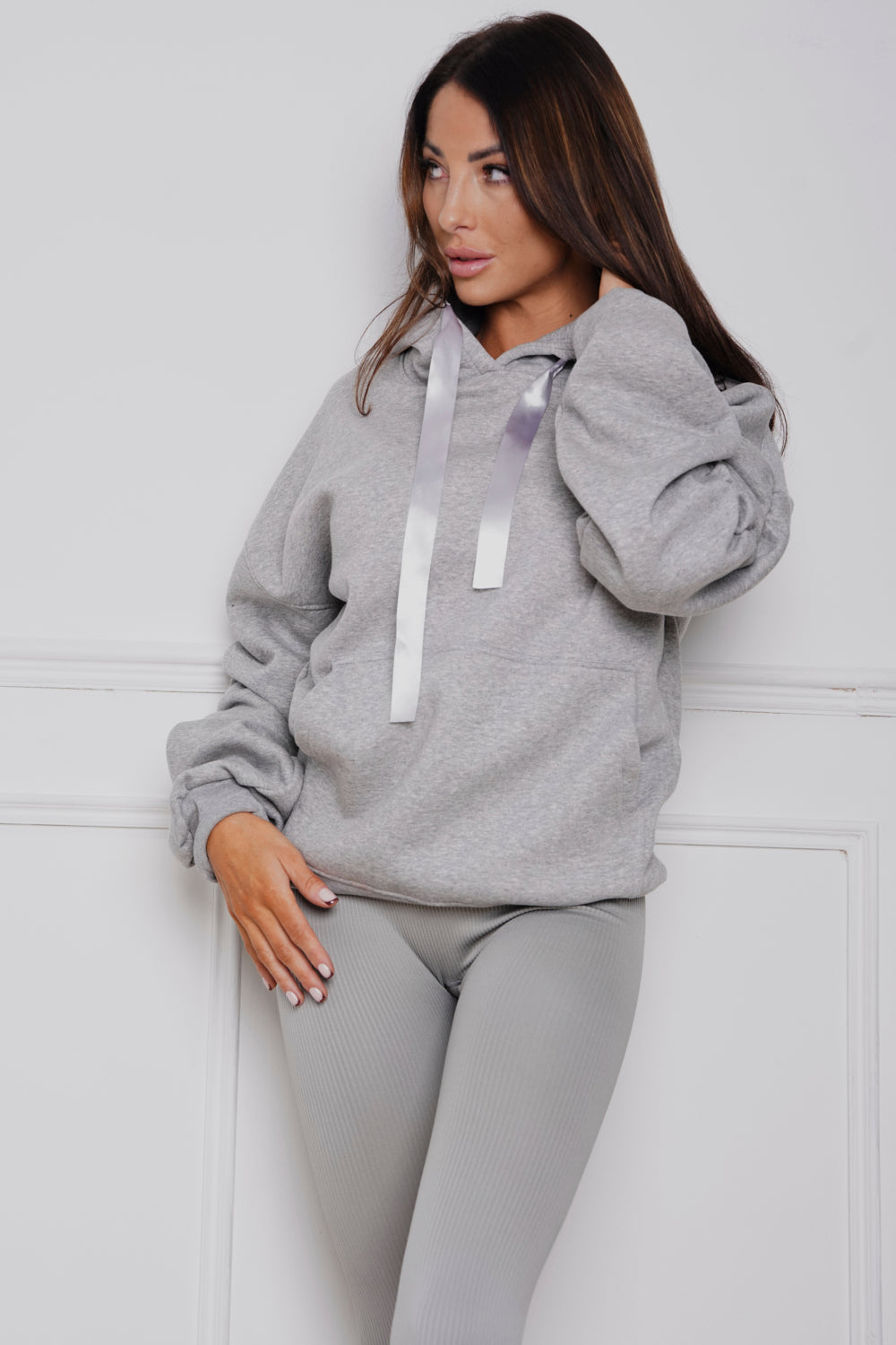 Oversized Ruched Ribbon Hoody & Legging Co-ord Grey
