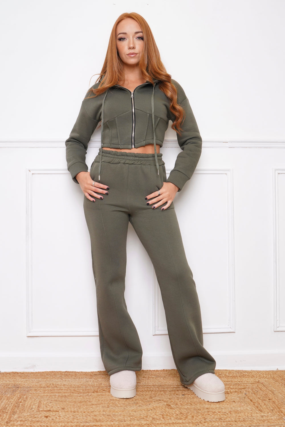 Cropped Corset Wide Leg Jogsuit Khaki