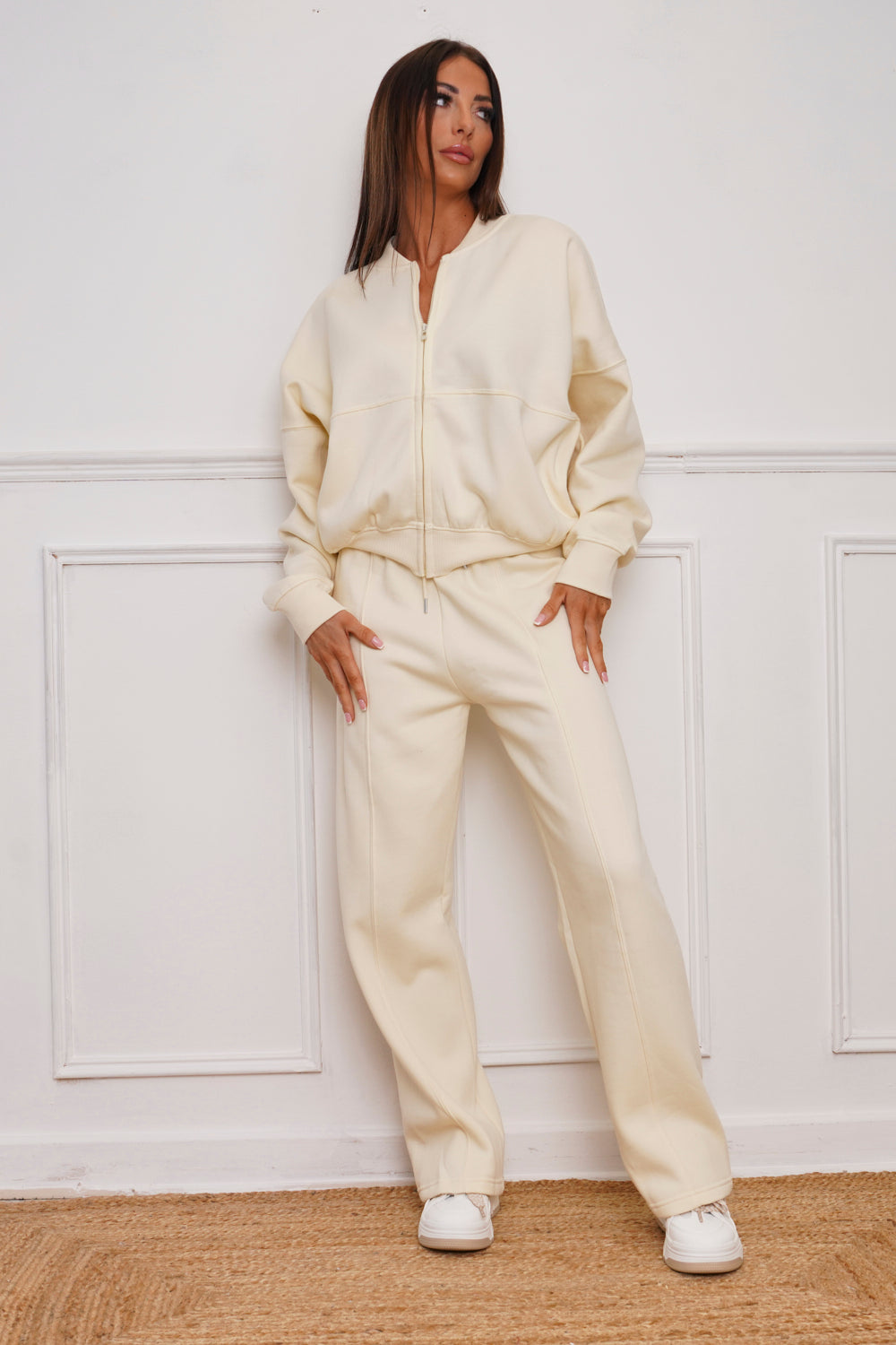 Bomber Style Fleece Zipper Co-ord Cream