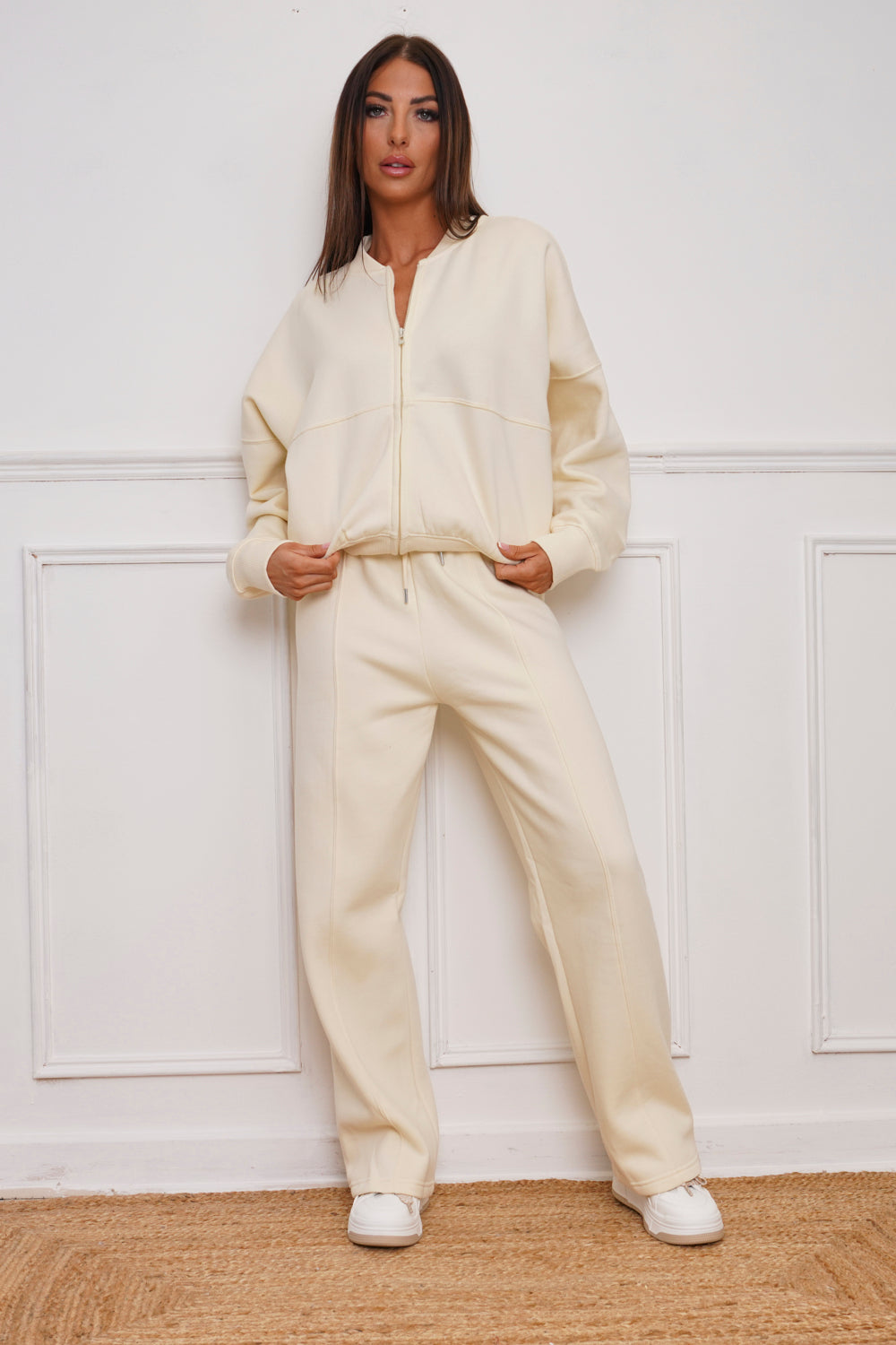 Bomber Style Fleece Zipper Co-ord Cream