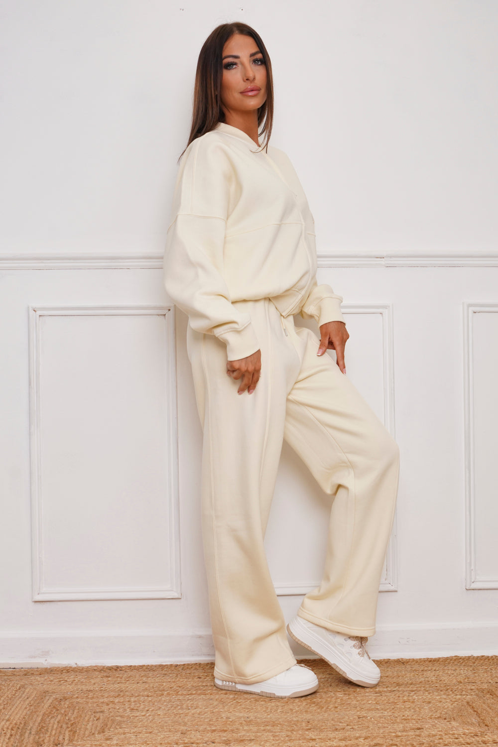 Oversized Bomber Style Fleece Zipper Co-ord Cream