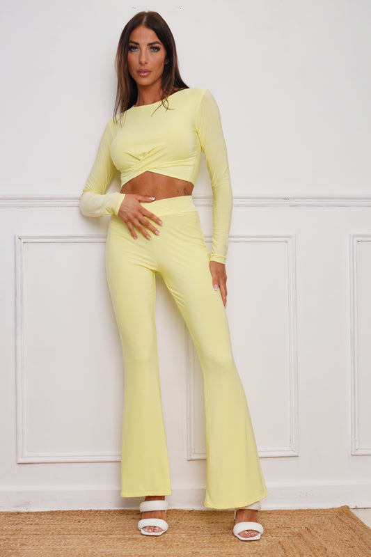 Crossover Detail Slinky Crop Top & Flared Trouser Co-ord Yellow