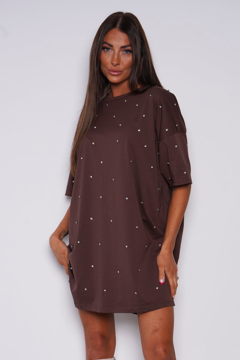 Latoya Diamante T Shirt Dress Brown