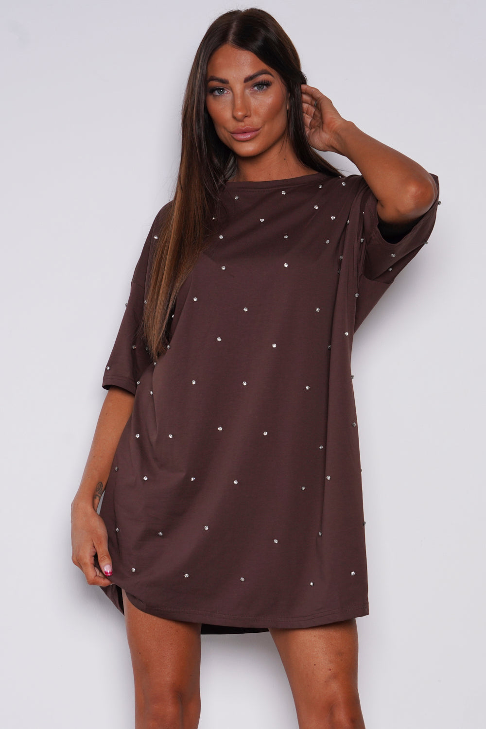 Latoya Diamante T Shirt Dress Brown