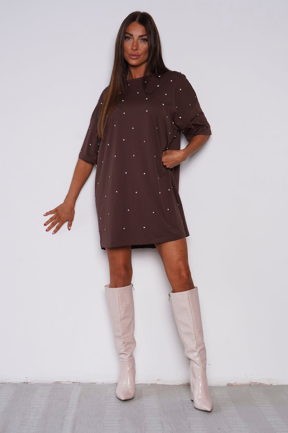 Latoya Diamante T Shirt Dress Brown