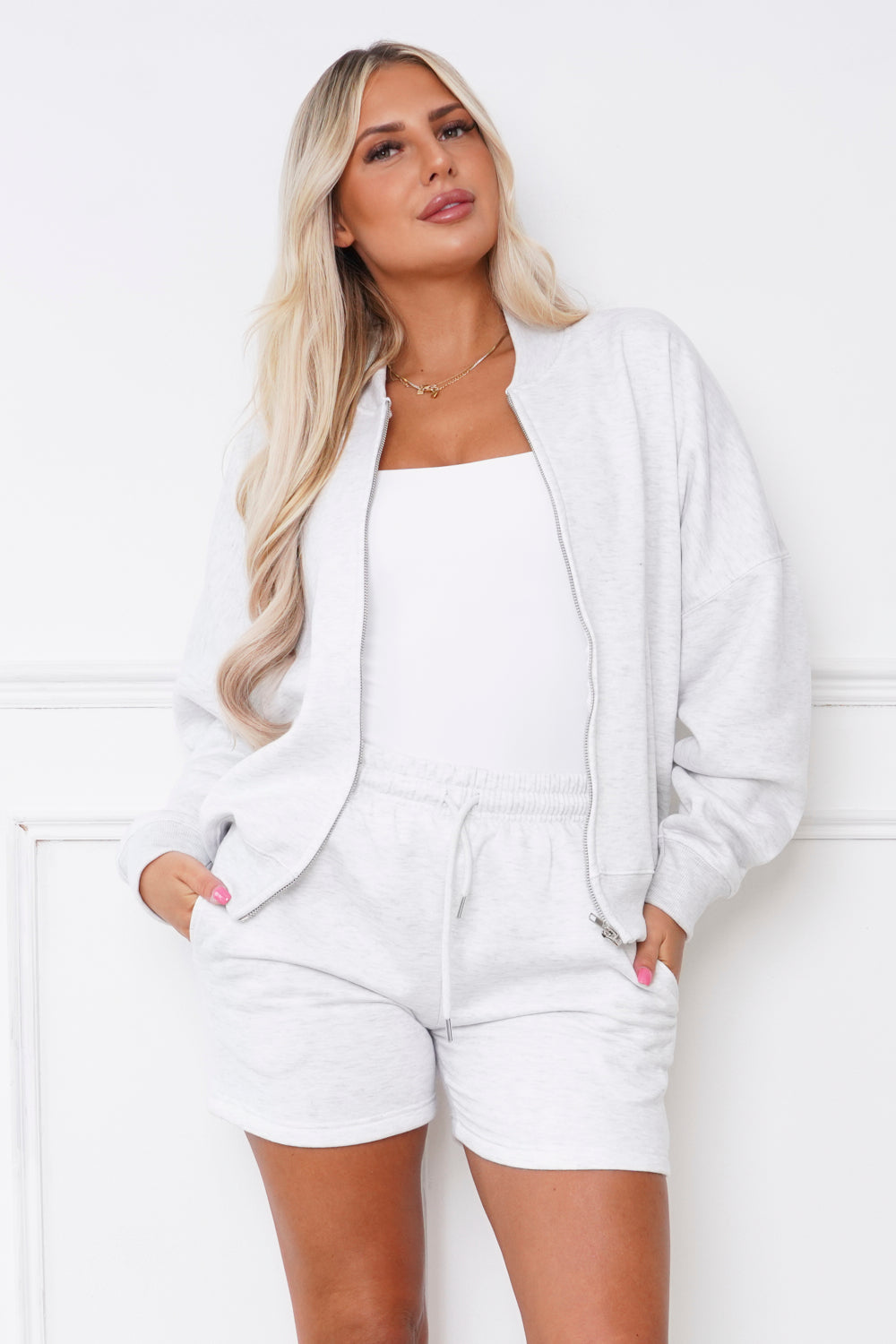 Oversized Bomber Style Fleece Zipper & Shorts Co-ord Grey