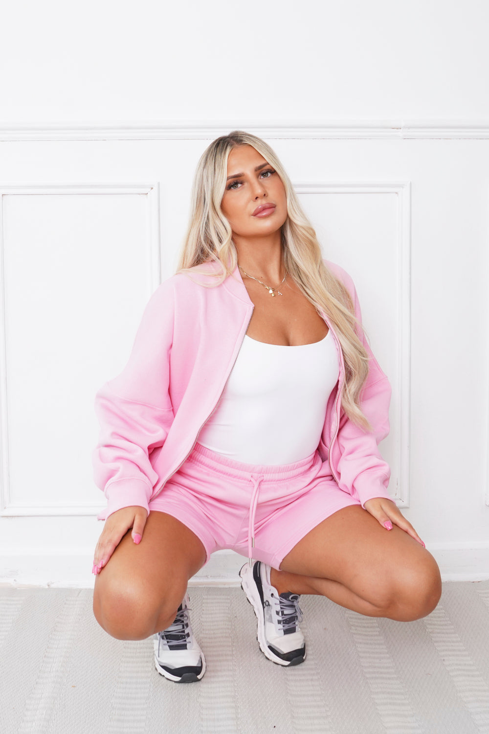 Oversized Bomber Style Fleece Zipper & Shorts Co-ord Pink