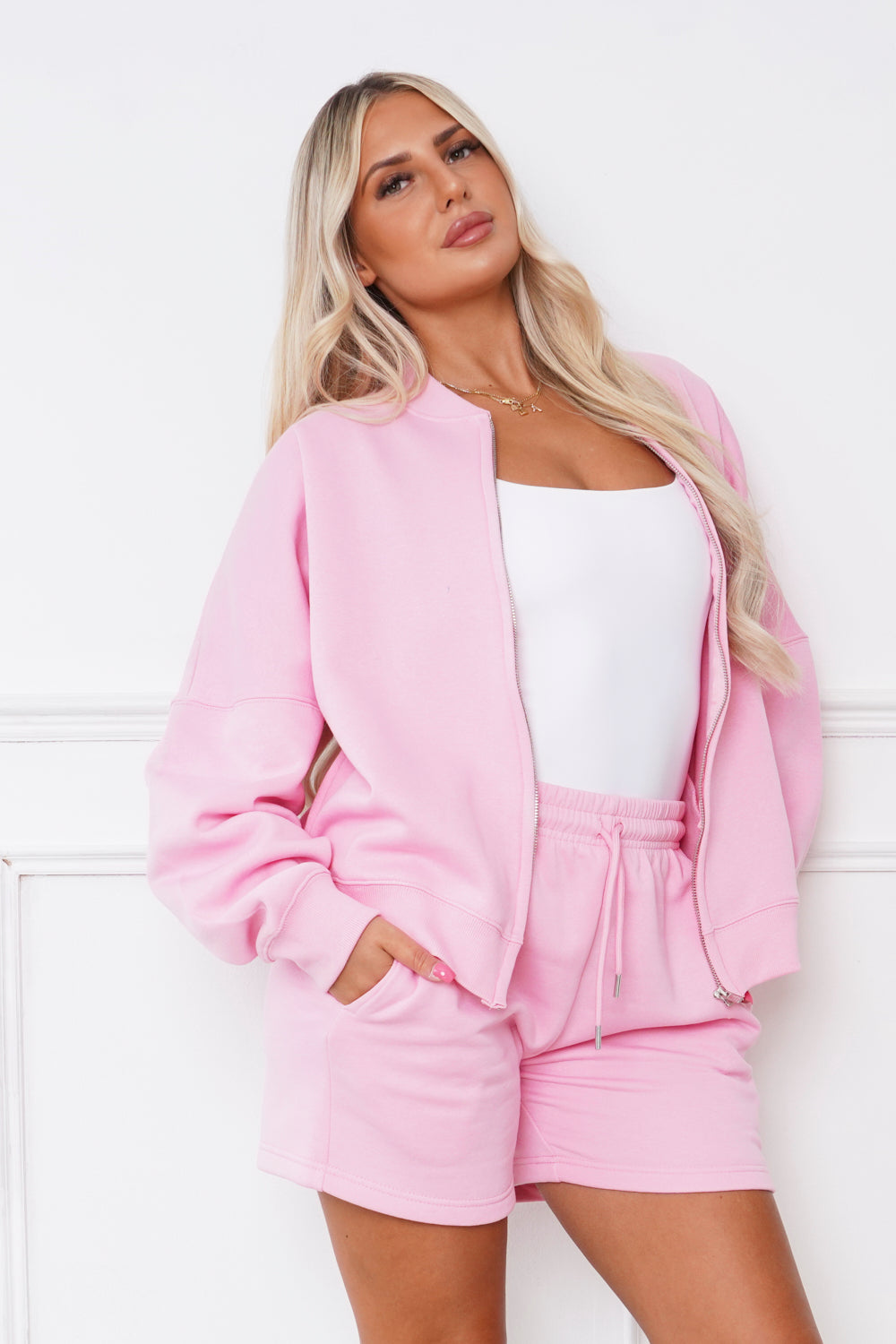 Oversized Bomber Style Fleece Zipper & Shorts Co-ord Pink