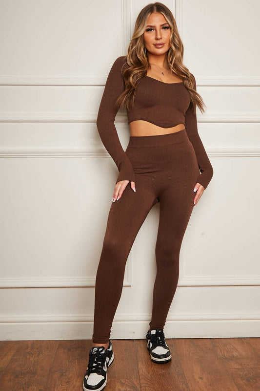 Luxury ribbed dip hem set BROWN